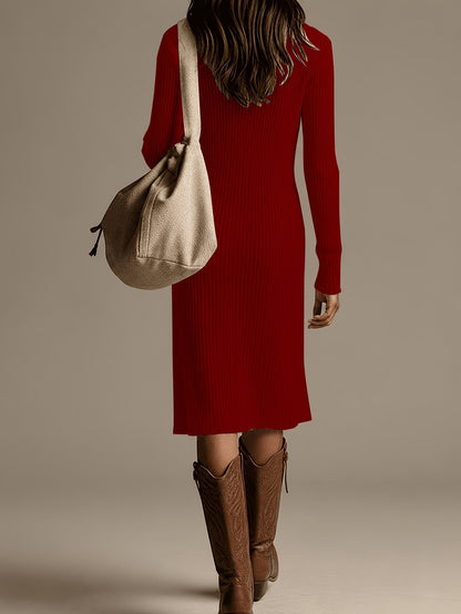 Women's Ribbed Knit High Neck Midi Dress - Red