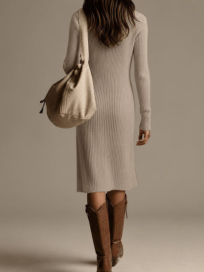 Women's Ribbed Knit High Neck Midi Dress - Taupe