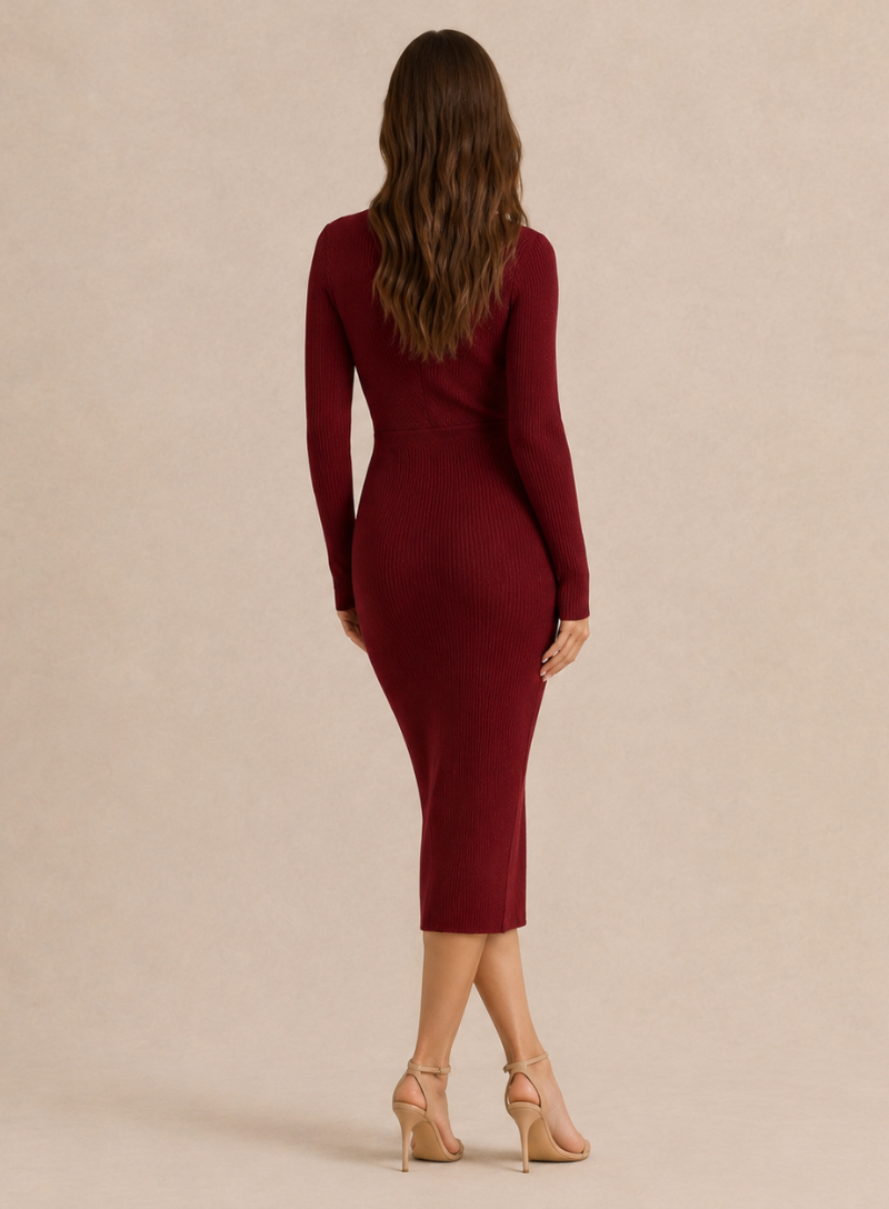 Women's Ribbed Knit Surplice Bodycon Midi Dress - Burgundy