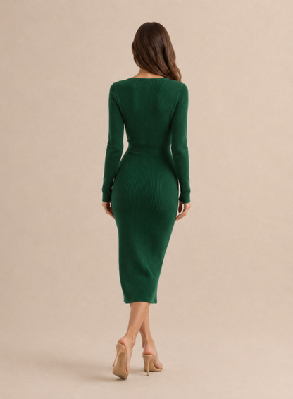 Women's Ribbed Knit Surplice Bodycon Midi Dress - Green