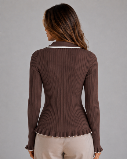 Women's Fitted Ribbed Knit Polo Sweater - Brown