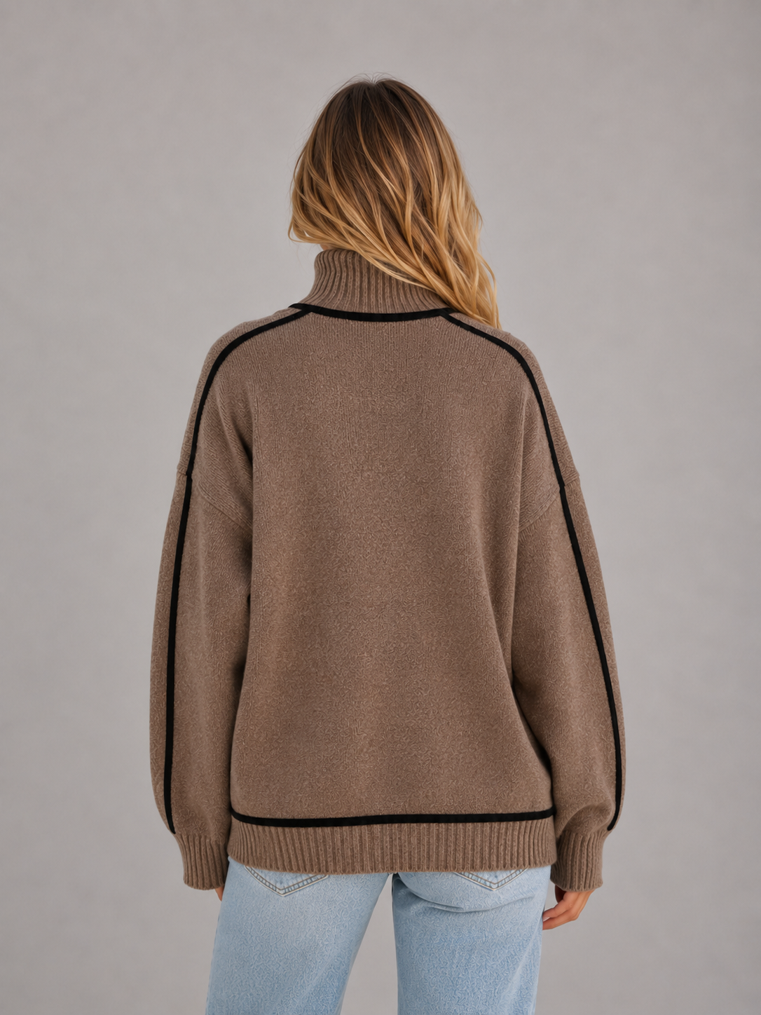 Women's Roll Neck Contrast Stripe Oversized Knit Sweater - Brown