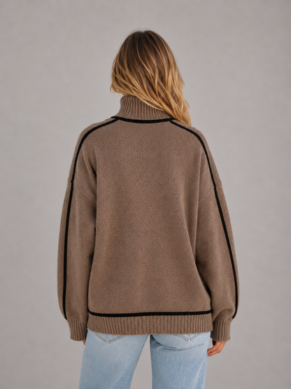 Women's Roll Neck Contrast Stripe Oversized Knit Sweater - Brown