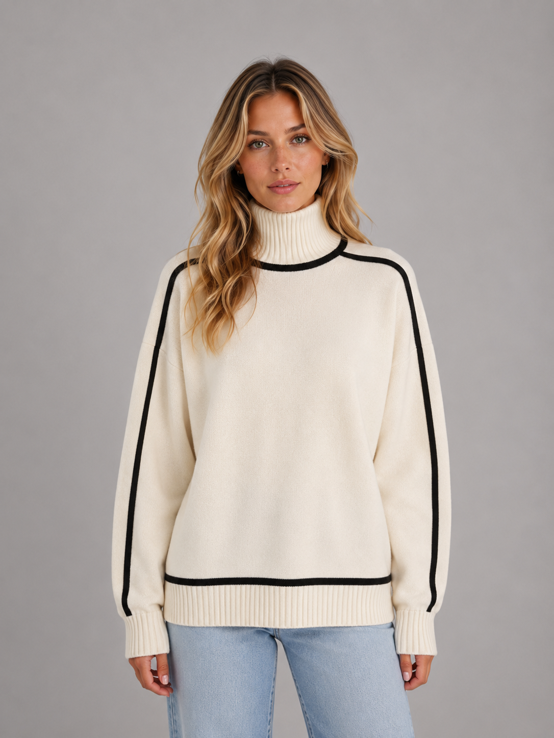 Women's Roll Neck Contrast Stripe Oversized Knit Sweater - Cream