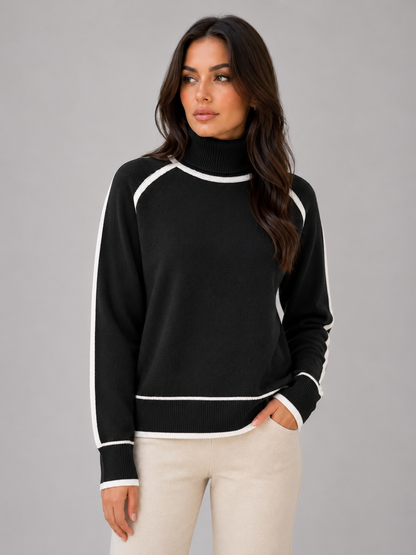 Women's Roll Neck Contrast Trim Knit Sweater - Black