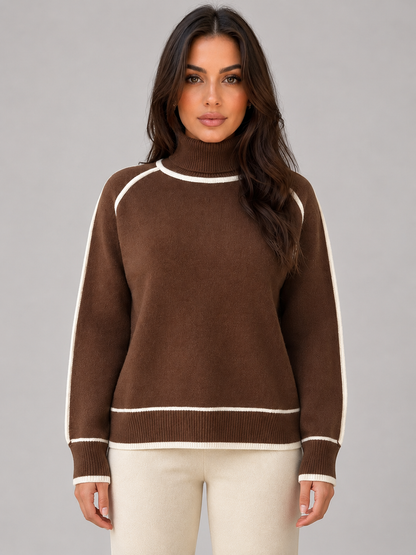 Women's Roll Neck Contrast Trim Knit Sweater - Brown