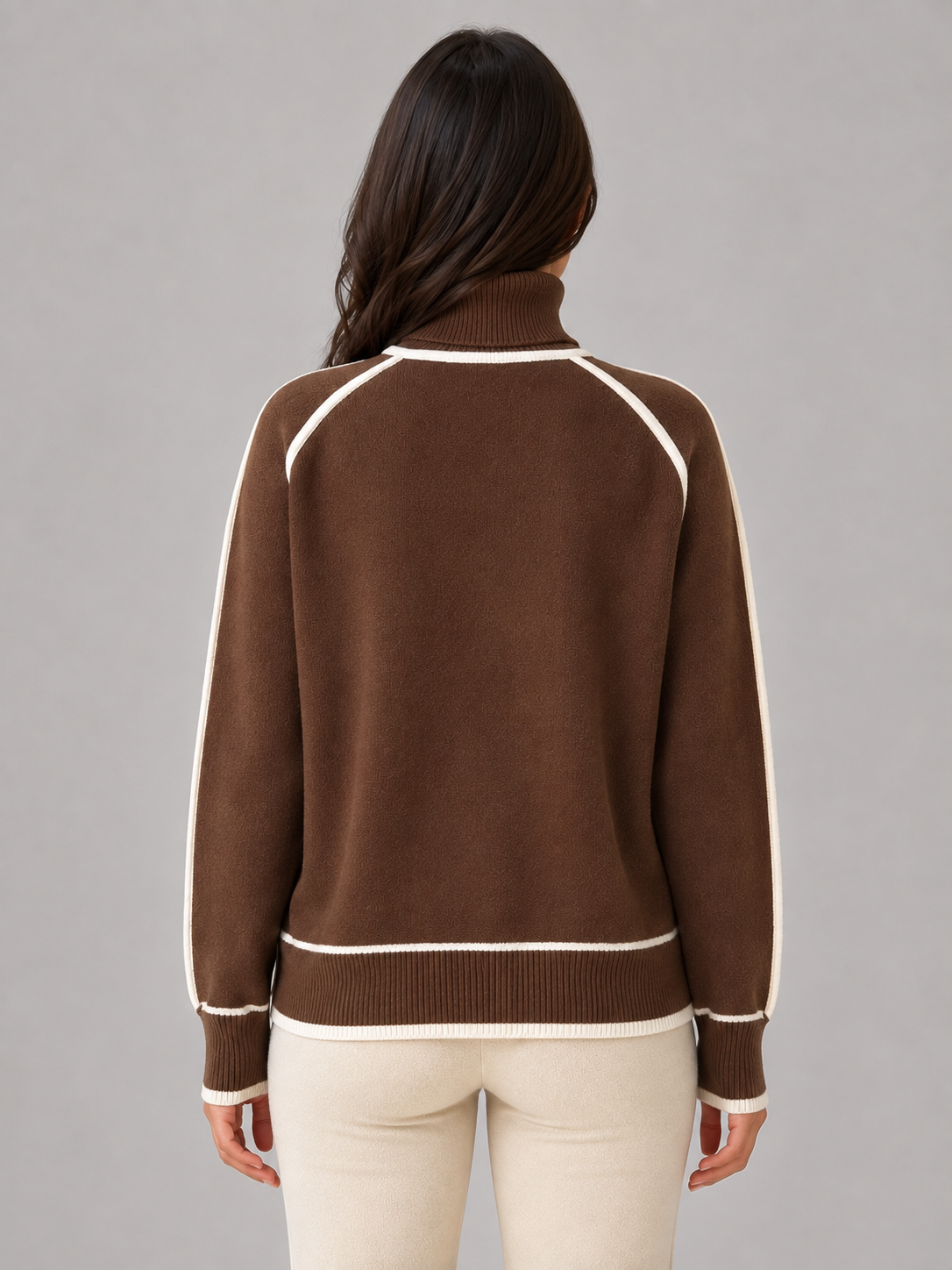 Women's Roll Neck Contrast Trim Knit Sweater - Brown