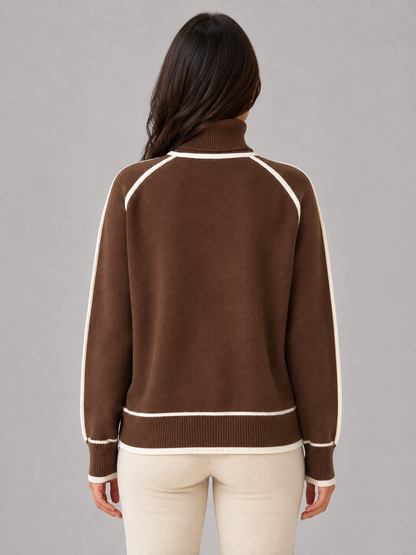 Women's Roll Neck Contrast Trim Knit Sweater - Brown