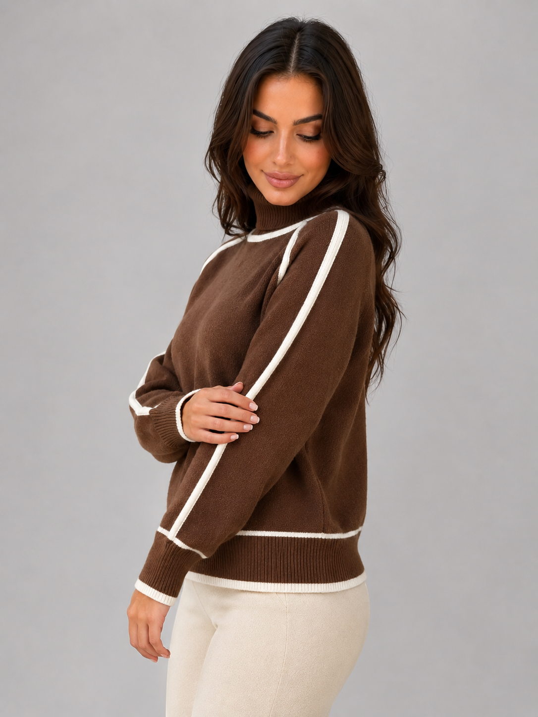 Women's Roll Neck Contrast Trim Knit Sweater - Brown