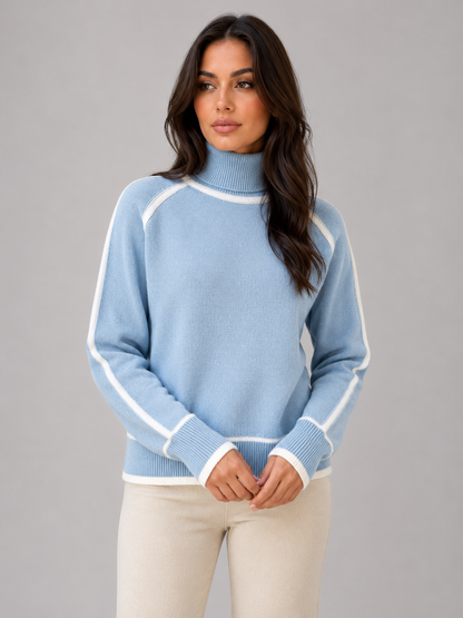 Women's Roll Neck Contrast Trim Knit Sweater - Light Blue