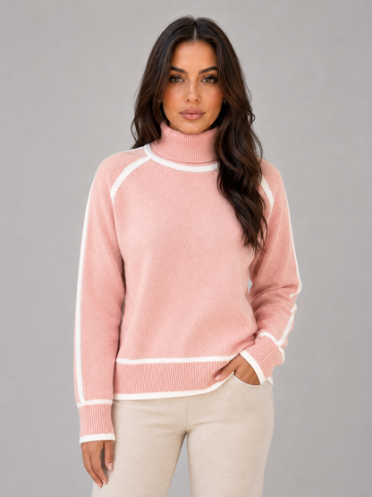 Women's Roll Neck Contrast Trim Knit Sweater - Pink