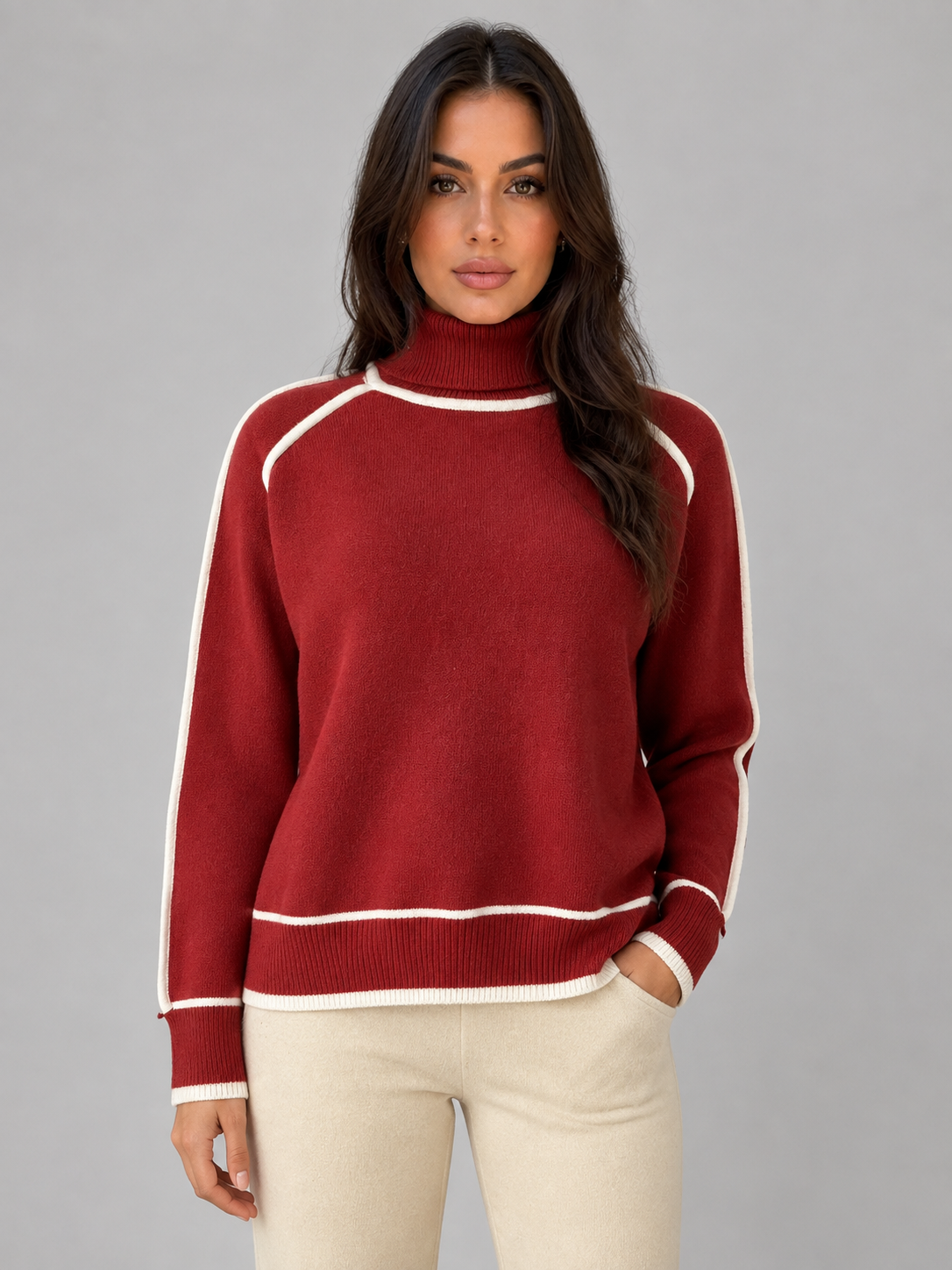 Women's Roll Neck Contrast Trim Knit Sweater - Red
