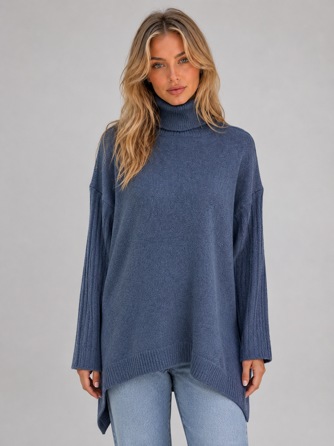 Women's Roll Neck Longline Oversized Knit Sweater - Blue