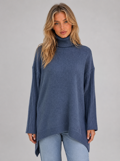 Women's Roll Neck Longline Oversized Knit Sweater - Blue