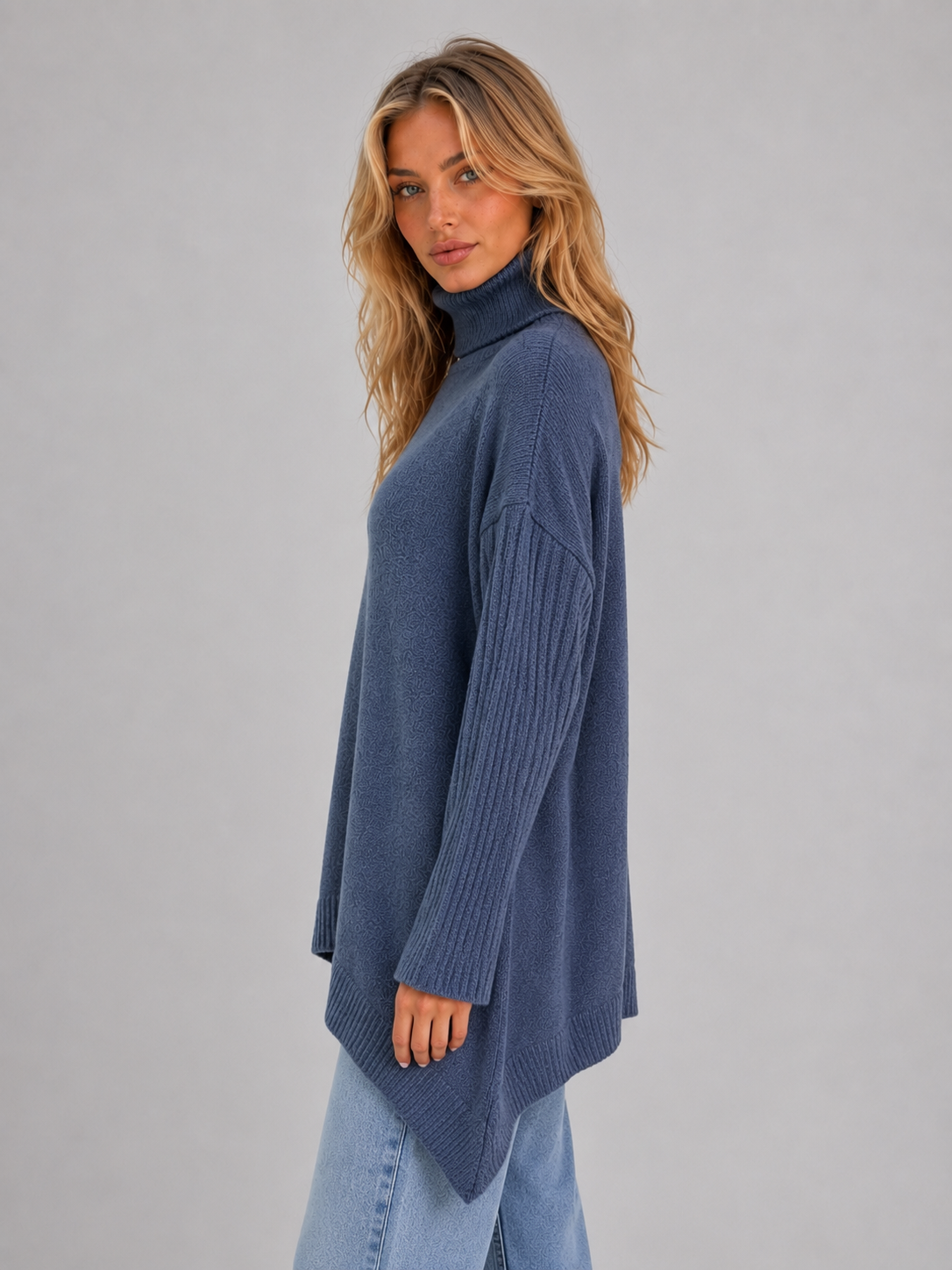 Women's Roll Neck Longline Oversized Knit Sweater - Blue