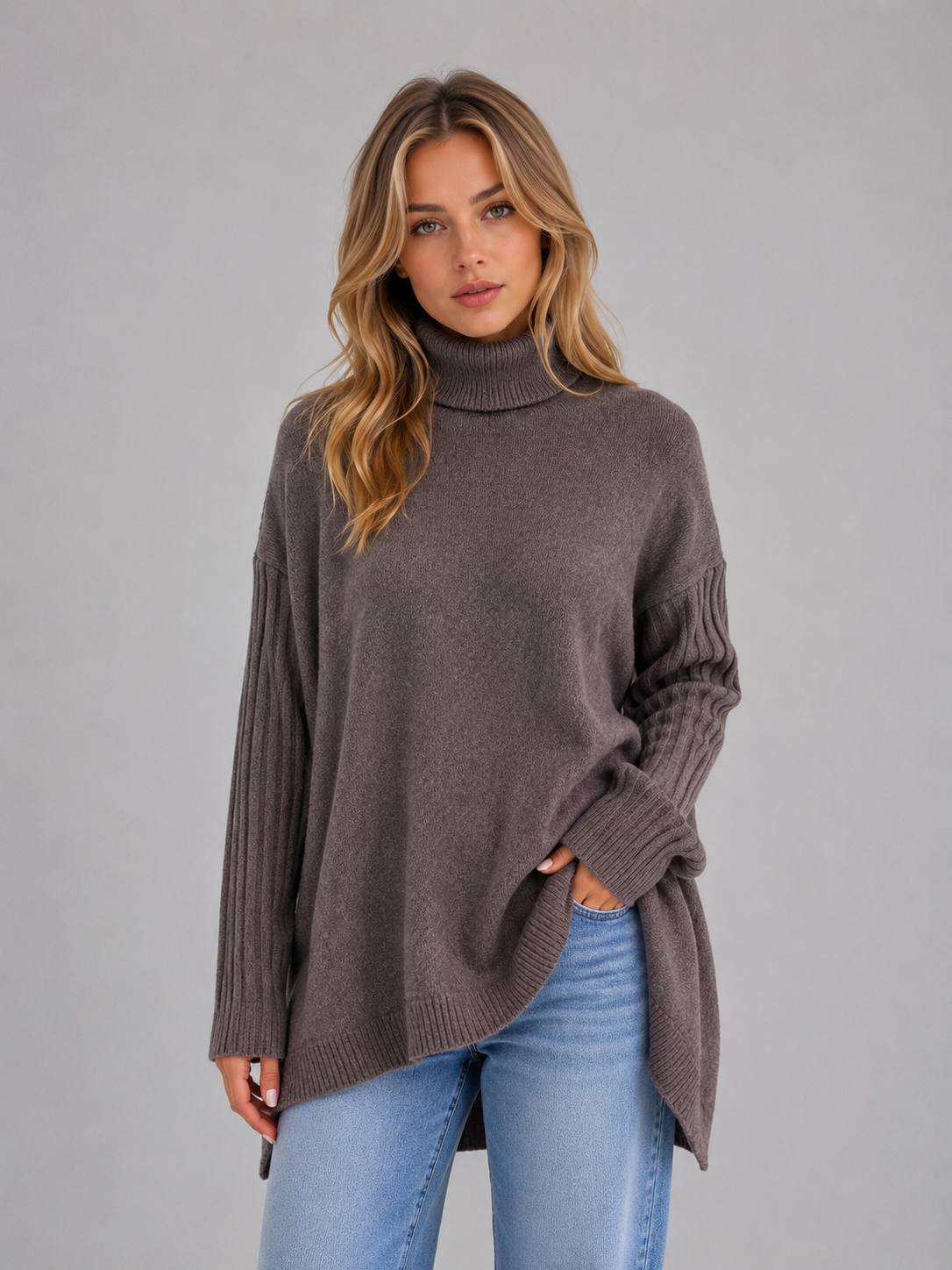 Women's Roll Neck Longline Oversized Knit Sweater - Brown