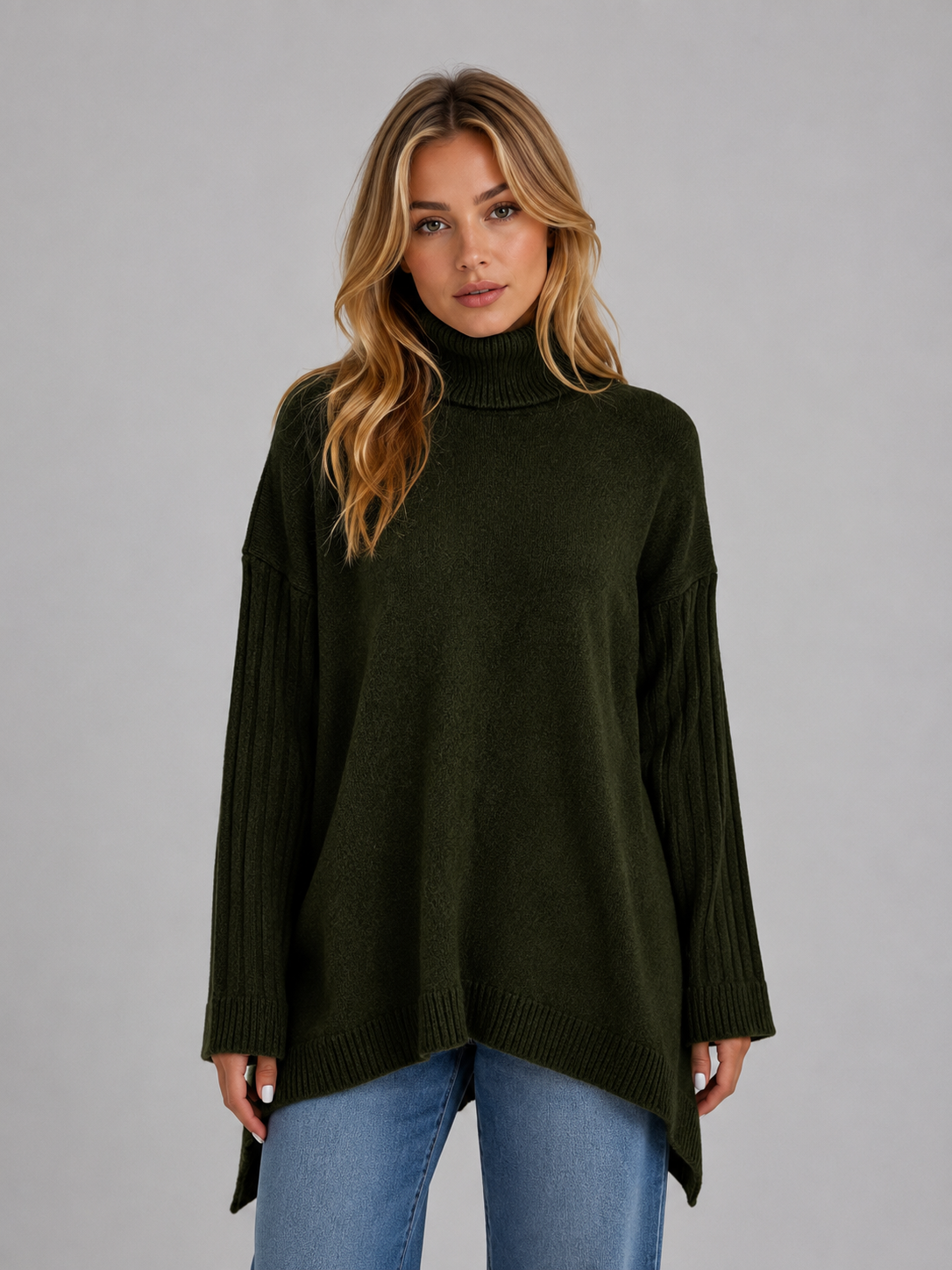 Women's Roll Neck Longline Oversized Knit Sweater - Green