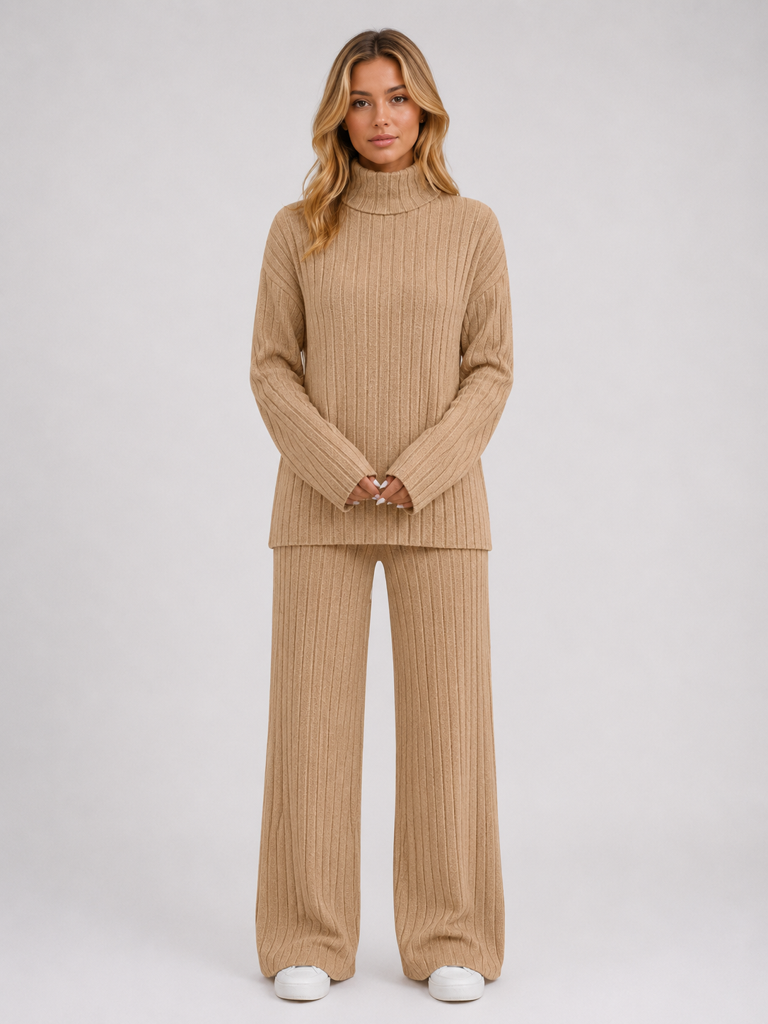 Women's Roll Neck Ribbed Knit Lounge Set - Beige