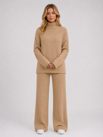 Women's Roll Neck Ribbed Knit Lounge Set - Beige