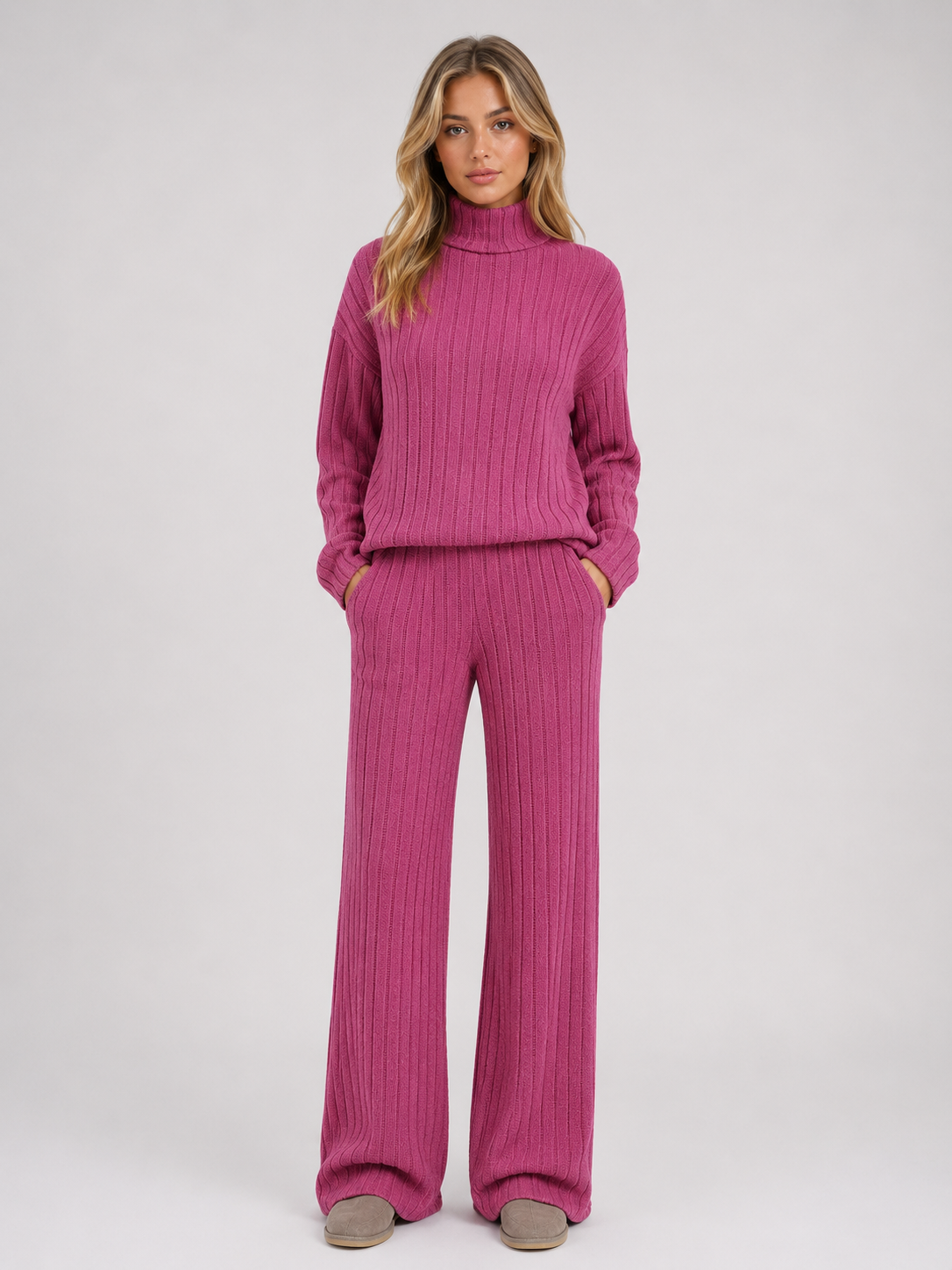 Women's Roll Neck Ribbed Knit Lounge Set - Berry Pink