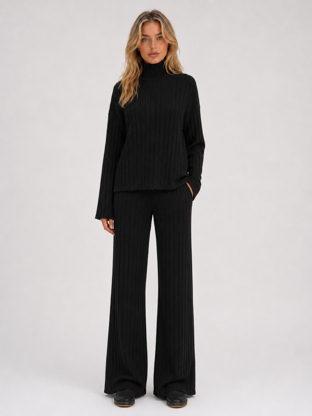 Women's Roll Neck Ribbed Knit Lounge Set - Black
