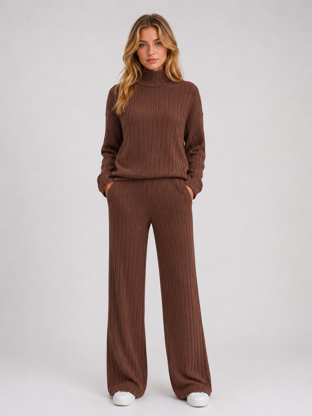 Women's Roll Neck Ribbed Knit Lounge Set - Chocolate Brown