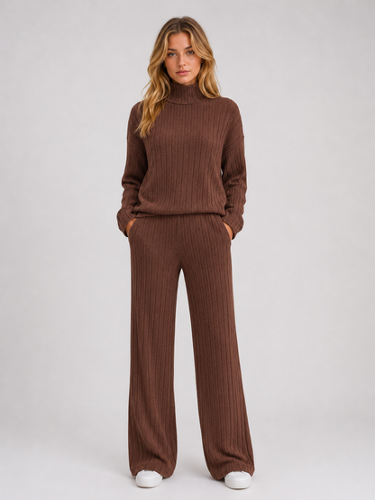 Women's Roll Neck Ribbed Knit Lounge Set - Chocolate Brown