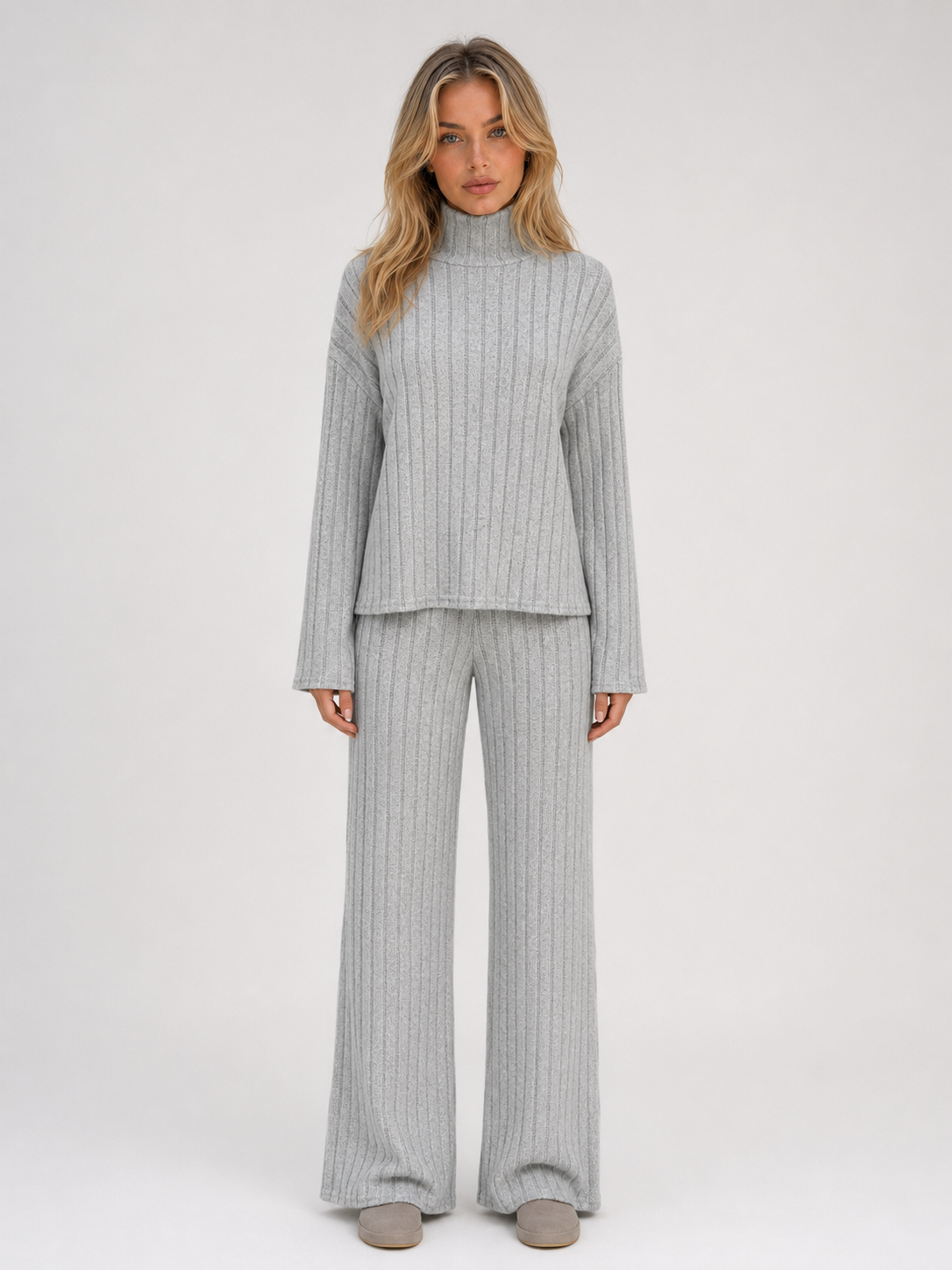 Women's Roll Neck Ribbed Knit Lounge Set - Gray