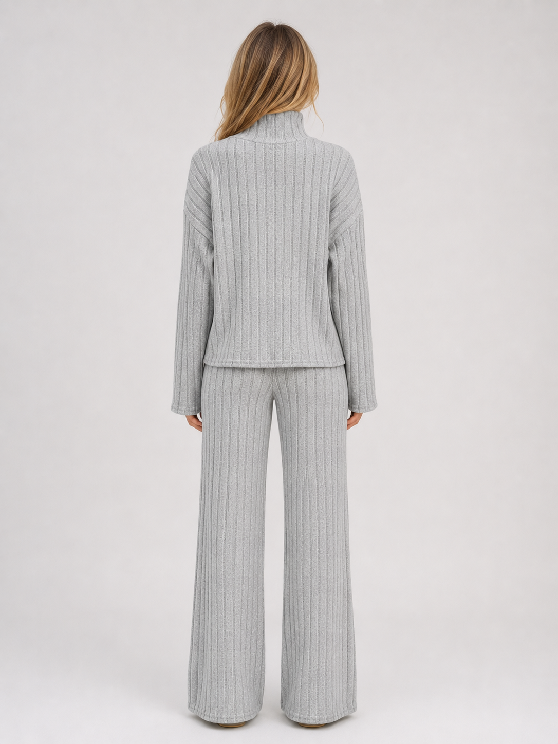 Women's Roll Neck Ribbed Knit Lounge Set - Gray