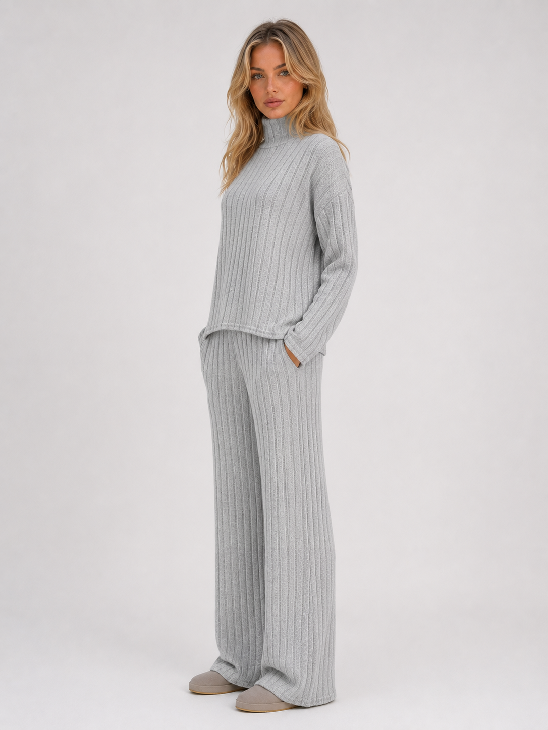 Women's Roll Neck Ribbed Knit Lounge Set - Gray