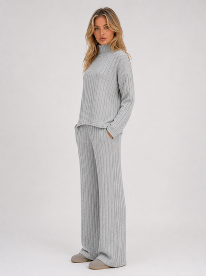 Women's Roll Neck Ribbed Knit Lounge Set - Gray
