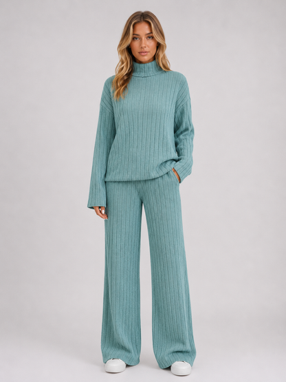 Women's Roll Neck Ribbed Knit Lounge Set - Sage Green