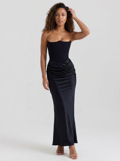 Women's Ruched Column Evening Maxi Dress - Black