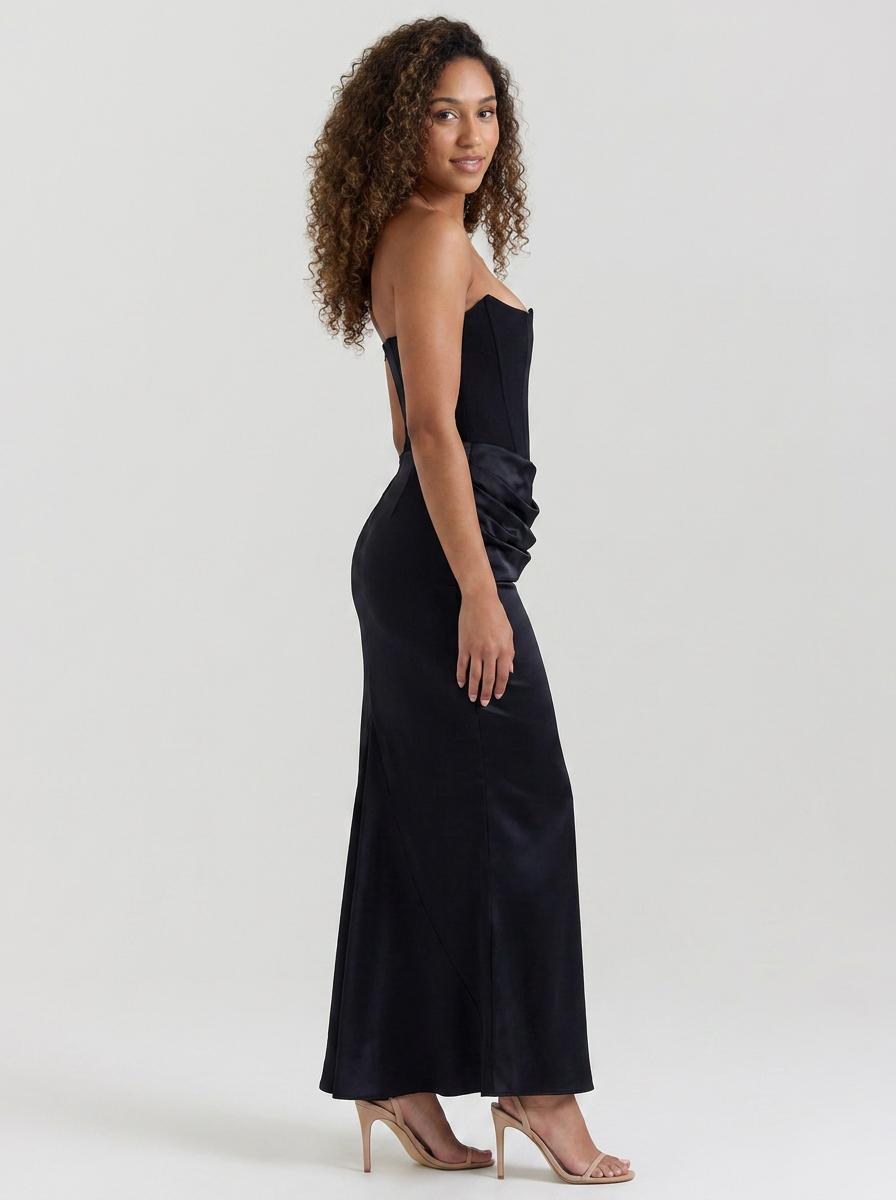 Women's Ruched Column Evening Maxi Dress - Black