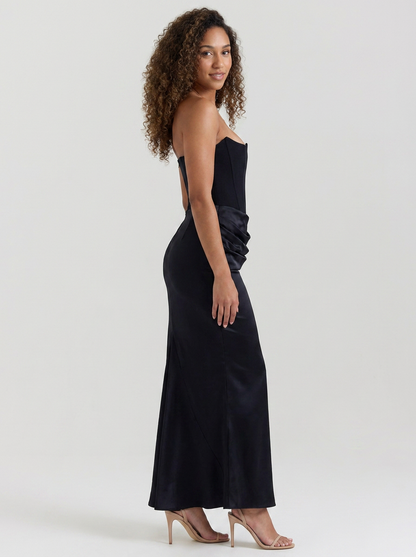 Women's Ruched Column Evening Maxi Dress - Black