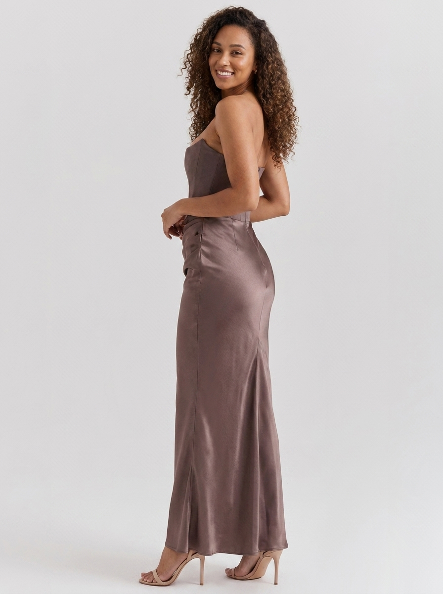 Women's Ruched Column Evening Maxi Dress - Brown