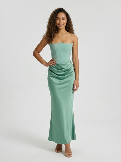 Women's Ruched Column Evening Maxi Dress - Emerald Sage
