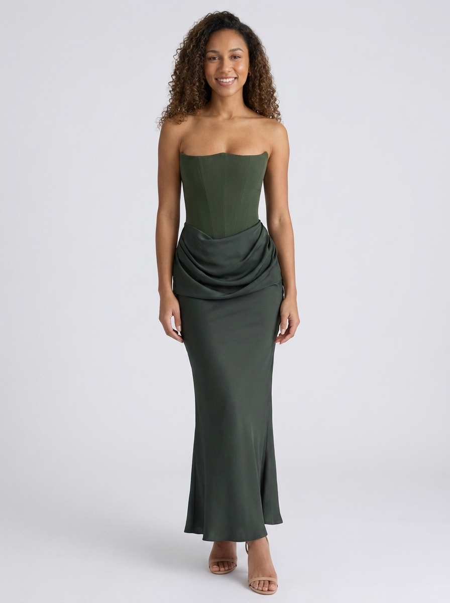 Women's Ruched Column Evening Maxi Dress - Olive Green