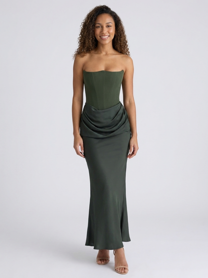 Women's Ruched Column Evening Maxi Dress - Olive Green