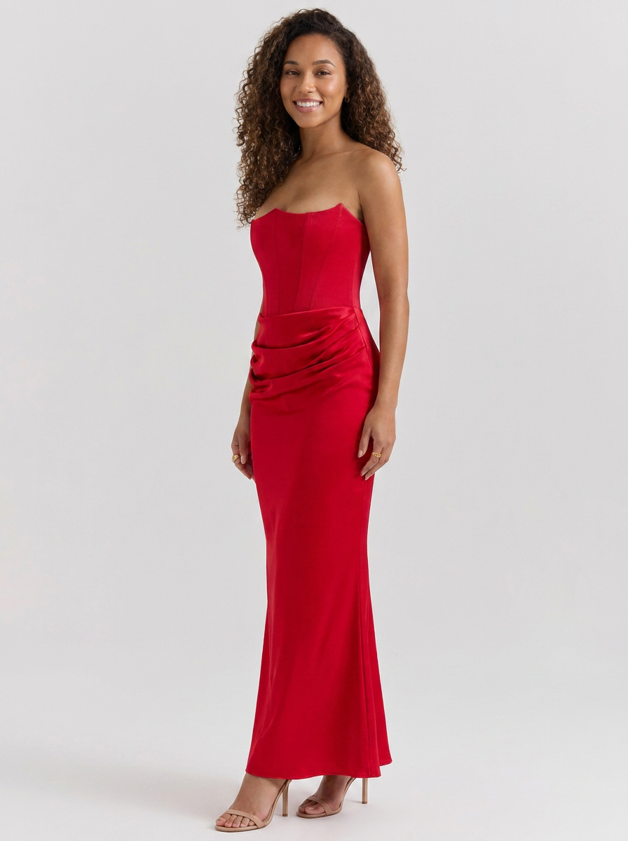 Women's Ruched Column Evening Maxi Dress - Red