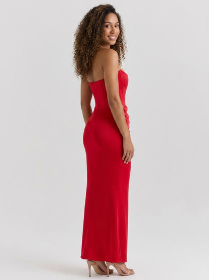 Women's Ruched Column Evening Maxi Dress - Red