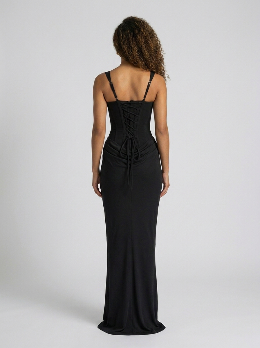 Women's Ruched Square Neck Lace-Up Maxi Dress - Black