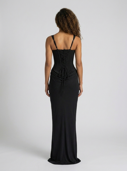 Women's Ruched Square Neck Lace-Up Maxi Dress - Black