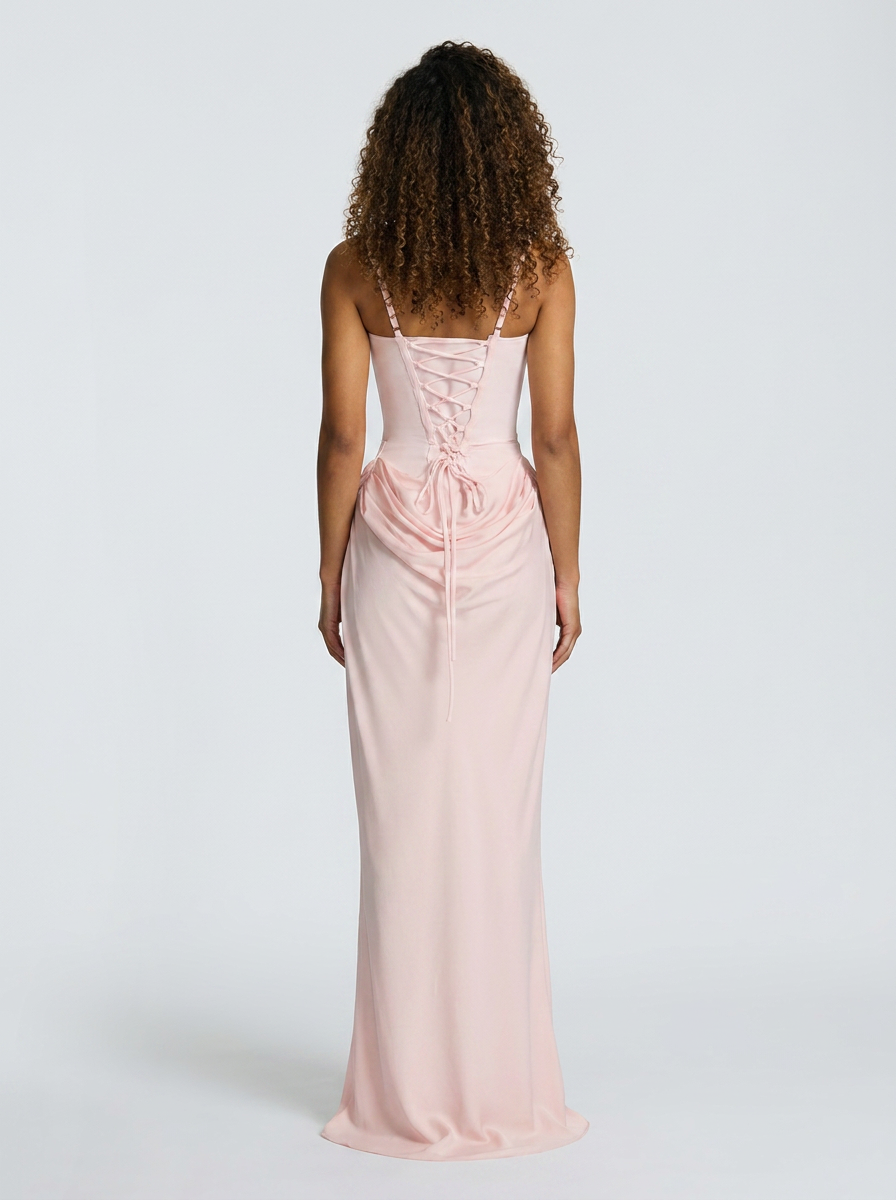 Women's Ruched Square Neck Lace-Up Maxi Dress - Blush Pink