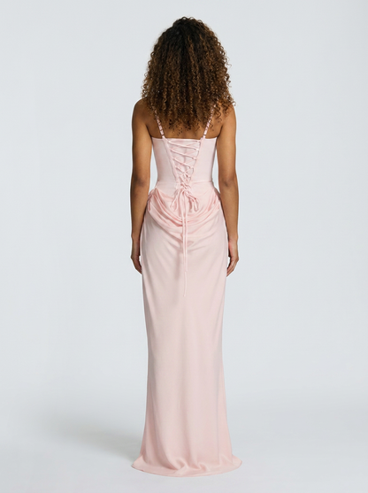 Women's Ruched Square Neck Lace-Up Maxi Dress - Blush Pink