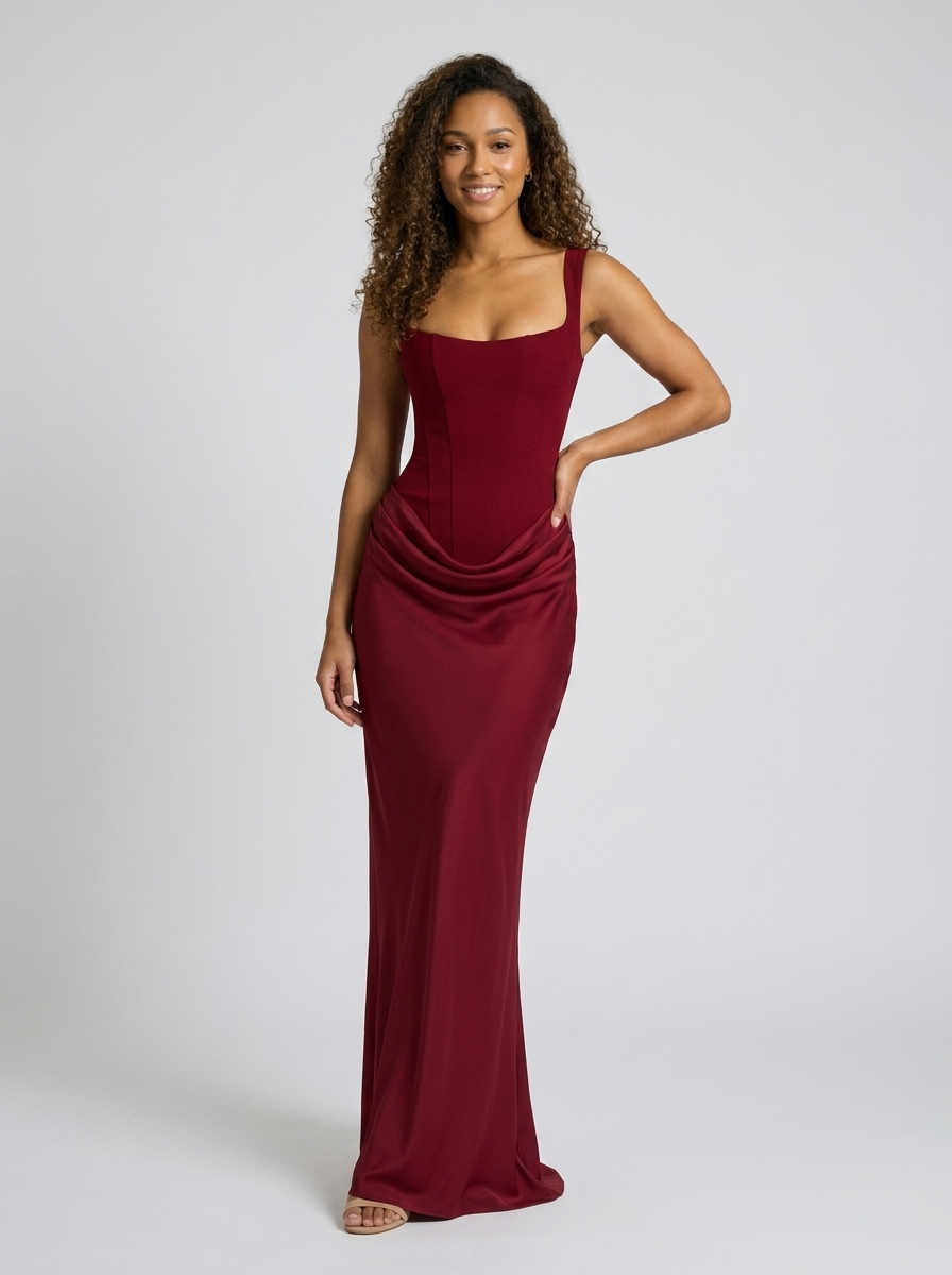Women's Ruched Square Neck Lace-Up Maxi Dress - Burgundy