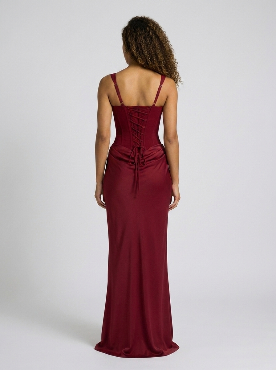 Women's Ruched Square Neck Lace-Up Maxi Dress - Burgundy