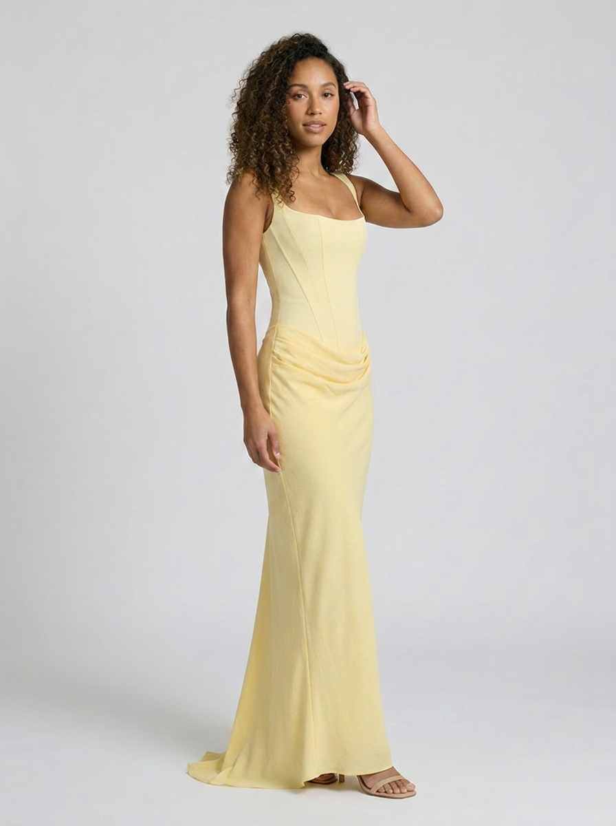 Women's Ruched Square Neck Lace-Up Maxi Dress - Butter Yellow