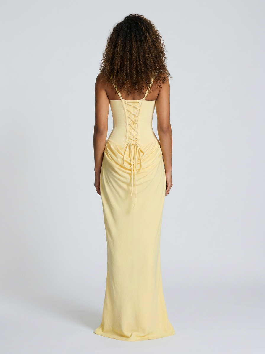 Women's Ruched Square Neck Lace-Up Maxi Dress - Butter Yellow