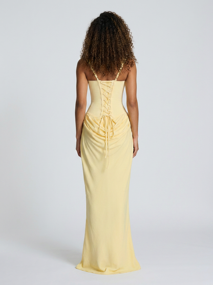 Women's Ruched Square Neck Lace-Up Maxi Dress - Butter Yellow